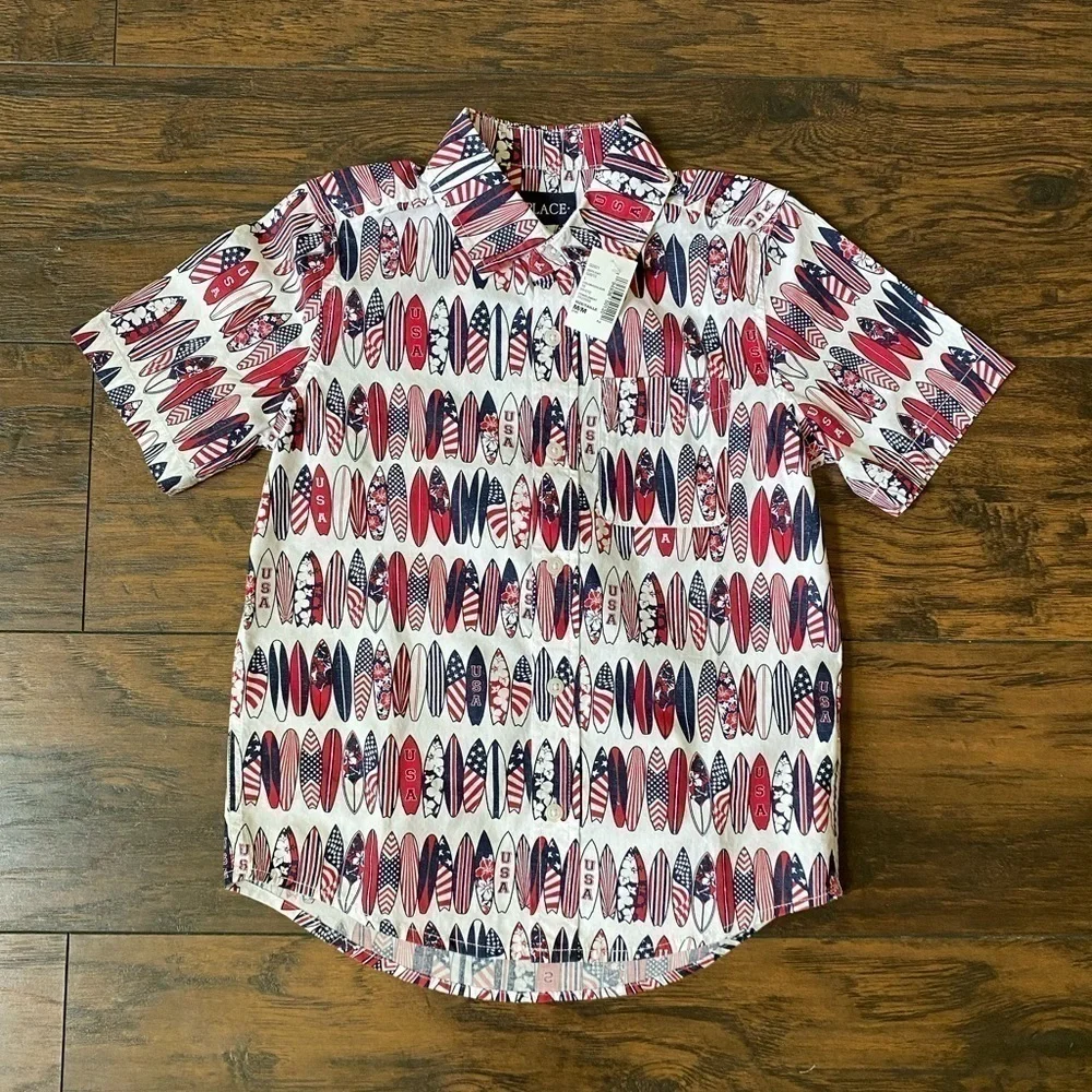 The Children’s Place, Boys, Button Down, Red/White/Blue, USA, Size 7/8, M, NWT